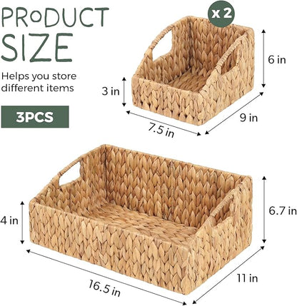 Set of 3 Handwoven Water Hyacinth Storage Baskets – Decorative Natural Wicker Organizer Bins with Built-in Handles for Bathroom, Kitchen, Pantry, Nursery, Closet, Laundry, Living Room, and Home Use