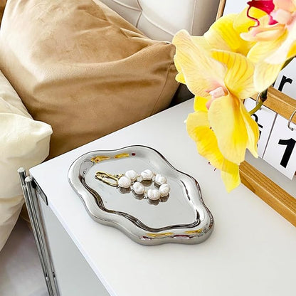 Conviv Ceramic Jewelry Tray,Perfume Trinket Dish,Ring Key Bowl Vanity Cute Room Decor Aesthetic, Birthday Mother's Day Thanksgiving Day Christmas Warm House Gifts for Women(Silver)