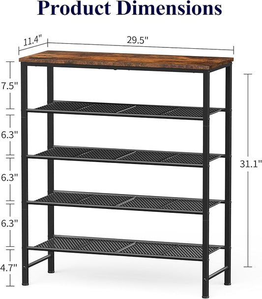 Kitsure Shoe Rack - 5-Tier Shoe Organizer with Wooden Top & Leveling Feet, Easy-Assembly, Rust-Resistant Metal Shoe Shelf for Closet, Entryway, Bedroom, 29.5" x 11.4" x 31.1", Brown