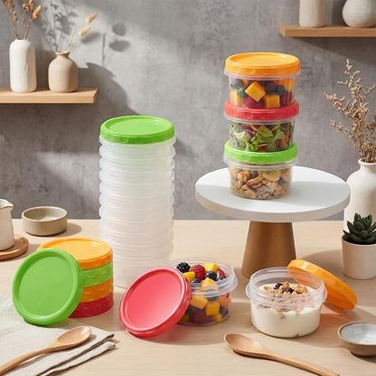 Sieral 6 Pack 8 oz Freezer Containers with Lids Reusable Deli Freezer Storage Containers Stackable Plastic Thick Twist Top Jars for Takeout Food Round Wide Mouth Lunch Snack (Green,Red,Yellow)