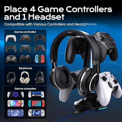 RGB Headset Stand with 9 Light Modes and 2 USB Charging Ports - Controller Holder for Desk - Headphone Stand & Detachable Controller Hook for PC Earphone Gaming Room Setup Accessories