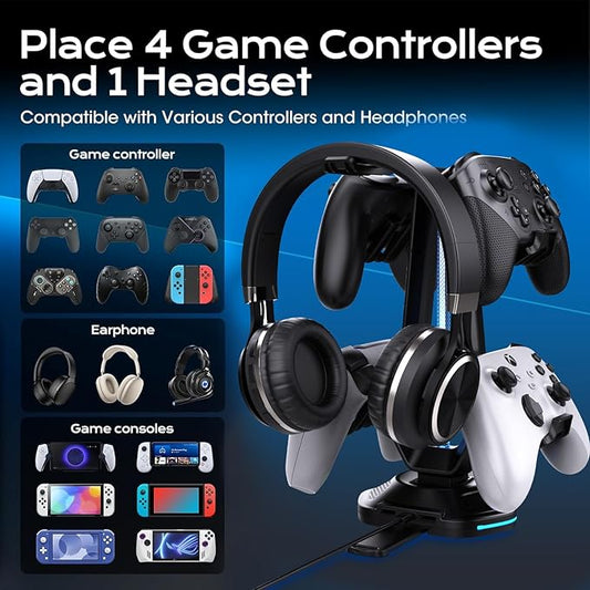 RGB Headset Stand with 9 Light Modes and 2 USB Charging Ports - Controller Holder for Desk - Headphone Stand & Detachable Controller Hook for PC Earphone Gaming Room Setup Accessories