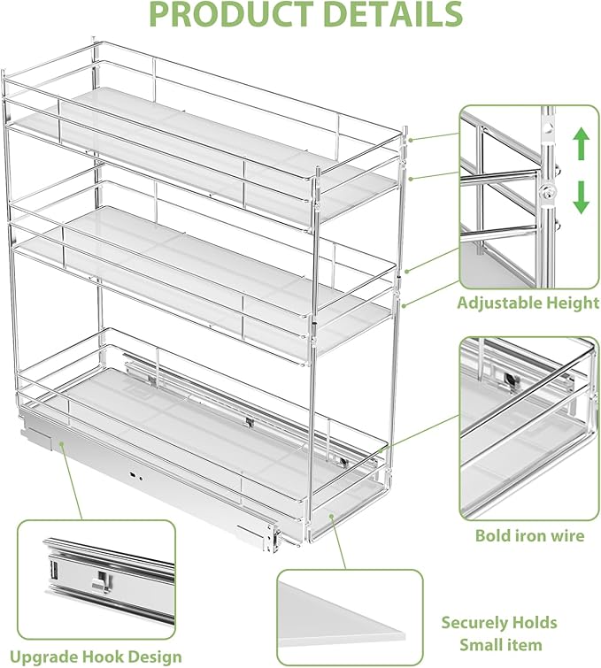 Pull Out Spice Rack Cabinet Organizer (7" W X 20½" D),3 Tier Slide Out Drawer for Narrow Cabinet, Pull Out Shelves Under Cabinet Storage for Kitchen