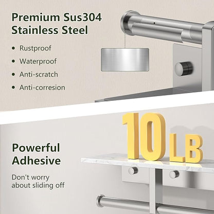 Marble Toilet Paper Holder with Shelf,Doulble Bathroom Tissue Roll Holder,304 Stainless Steel Toilet Paper Holder Wall Mounted,Modern Tissue Holder for Bathroom Washroom,Brushed Nickel