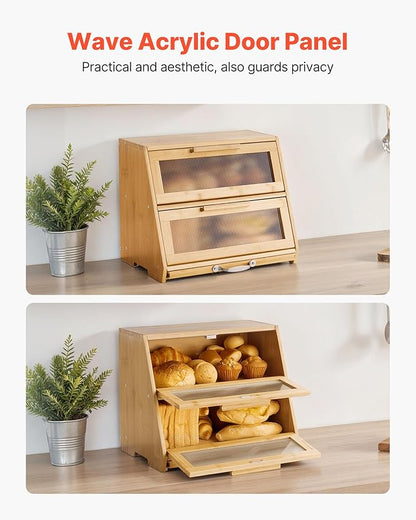 VEVOR Double Layer Bread Box for Kitchen Counter, Large Capacity Bamboo Bread Storage Container, Farmhouse Wooden Breadbox for Homemade Bread, Storage Holder Bin with Acrylic Wavy Door Panel, Natural
