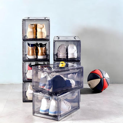 12 Pack Acrylic Clear Shoe Boxes– Ultra Clear Plastic Stackable Sneaker Storage For Sneakerhead. Professional Grade Shoe Display Case with Magnetic Door .Boots and Hat Organizer.Fits US Size 15