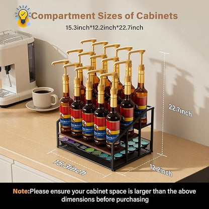 Coffee Syrup Rack Organizer, 4-Tier 12 Bottle Syrup Rack with 35 K Cup Drawer for Coffee Bar, Countertop Bottle Holder Stand for Dressing for Kitchen Cafe Station