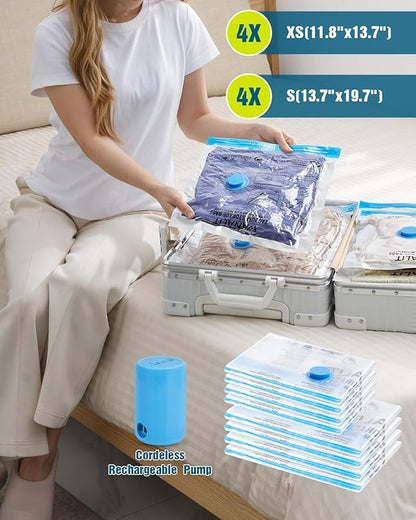 Vacuum Storage Bags for Travel, 8 Pack (4S+4XS) Vacuum Seal Bags with Wireless Rechargeable Electric Pump, Travel Essentials Space Saving Compression Bag for Clothes, Luggage, Suitcase, Backpack, Trip