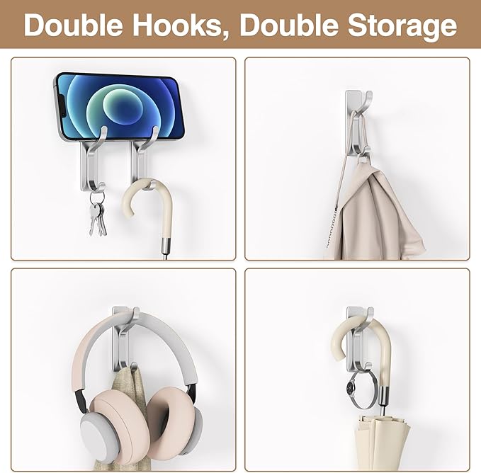 niffgaff Wall Hooks for Coat and Towel: 13lb Adhesive Door Hanger Stick On, Sticky Hook for Wall, Closet, Bathroom - Silver, 6 Pack