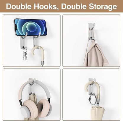 niffgaff Wall Hooks for Coat and Towel: 13lb Adhesive Door Hanger Stick On, Sticky Hook for Wall, Closet, Bathroom - Silver, 6 Pack