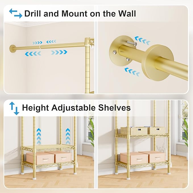 Ulif M2 Wall-Mounted Clothes Rack, Metal Closet System with 4 Expandable Hanger Rods and 5 Metal Shelves, Mount-on-Wall Clothing Storage Organizer in (70.8-102.3)" L x 14.5" D x 71.2" H, Gold