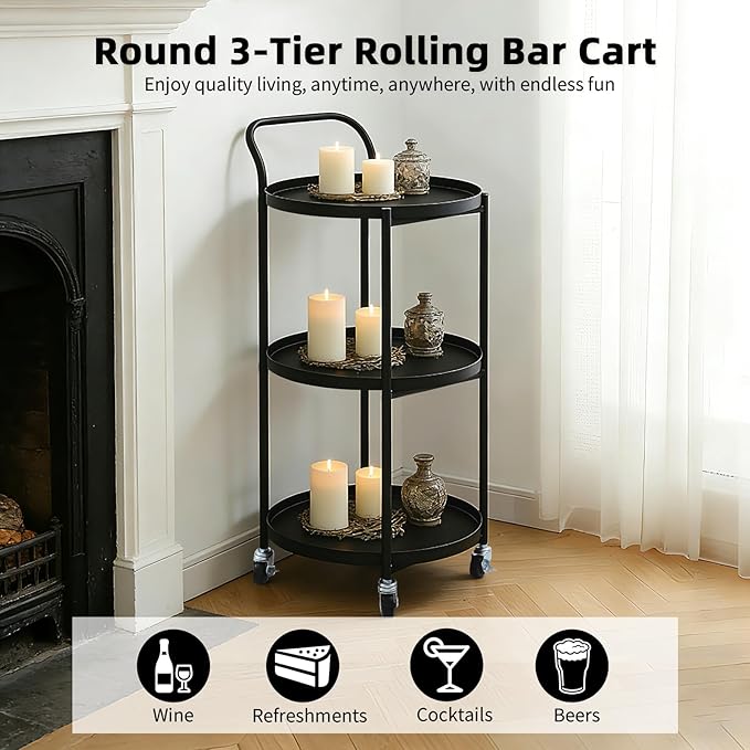 Round 3-Tier Rolling Bar Cart with Locking Wheels, Metal Serving Cart with Handle, 18" x 16" Mobile Organizer for Dining Room, Living Room, Bar (Black)