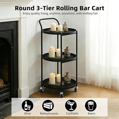 Round 3-Tier Rolling Bar Cart with Locking Wheels, Metal Serving Cart with Handle, 18" x 16" Mobile Organizer for Dining Room, Living Room, Bar (Black)