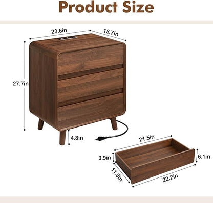 Nasonet Tall Nightstand with Charging Station, Mid Century Modern Nightstands with 3 Storage Drawers, Curved Wood Night Stands for Bedrooms, Walnut