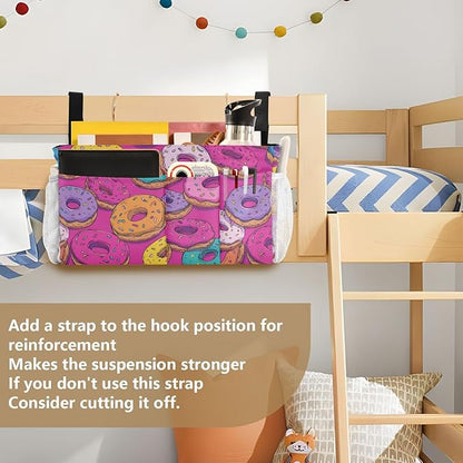 CuwrYet Bedside Caddy Hanging Bunk Bed Caddy Bed Organizer Hanging Pocket with 2 Hooks Bedside Storage Organizer Pocket Bag Holder Cute Donuts Colorful