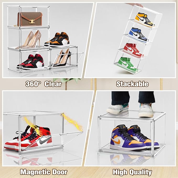 DAYOOH X-Large Acrylic Display Case Size 14 Sneaker Shoe Box with Magnetic Lid, Transparent Stackable Figure Display Case Clear Large Collectibles Showcase, Protection Organizer, 1 Pack