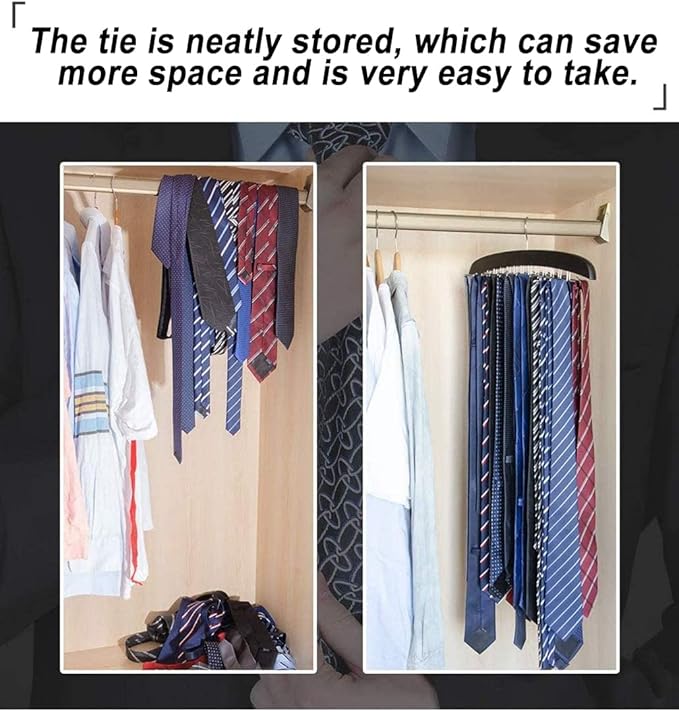 Ytaolis Premium Wood & Sturdy Quality Tie Hanger, 24 Non Slip Metal Hooks, 360 Swivel Design, Anti Slip Grips, Space Saving, Foldable, Black