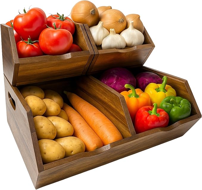 Acacia Wood Pantry Storage Bins, Stackable Storage Baskets Potato and Onion Storage Bins, Pantry Organizer Wooden Baskets Organization and Storage, Set 3 Pieces