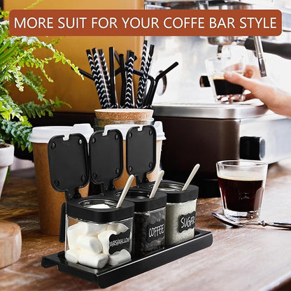 Suclain 3 Pcs Glass Coffee Containers Coffee Station Organizer Set, Airtight Bean Storage Jars with Shelf,labels,spoon, Base and Pen,for Sugar, Candy, Oats, Nuts (Black)