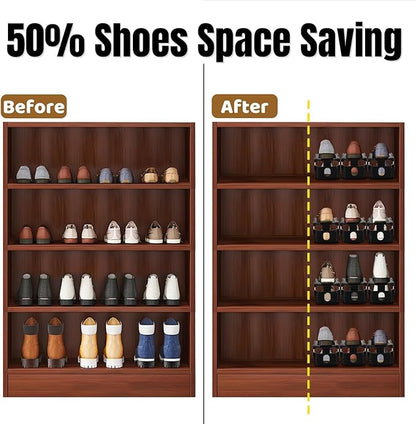 24 Pack Shoe Slots Organizer, Adjustable 4 Levels Shoe Stackers, Double Deck Shoe Storage Holder, 50% Space Savers Rack, Thickening Plastic Shoes Riser for Closet Entryway Organization, Black
