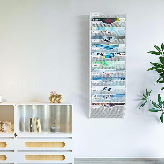 12 Pockets Hanging Wall File Organizer, Office Organization Wall Mount Mail Sorter Paper Holder Bill Organizer for Home, White