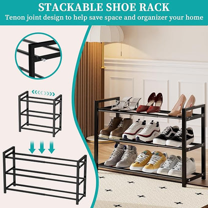 EKETE Expandable Shoe Rack,Adjustable and Stackable 3-Tier Shoe Rack Organizer, Shoe Rack for Closet,Space Saving,Metal Free Standing Shoe Rack for Entryway,Hallway,Closet Shoe Storage