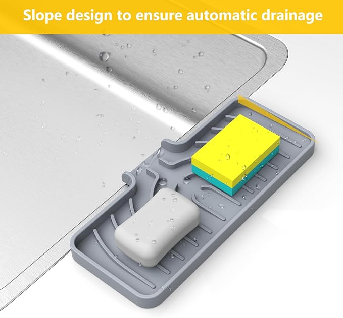 JOOKKI Sponge Holder for Kitchen Sink, Soap Tray for Sink & Counter, 9.8"×4.9" Soap Dish Mat, Silicone with Drain, Perfect for Dispenser, Scrubber, Bottle, Cup (Gray)