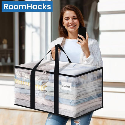 RoomHacks Clear Heavy Duty Extra Large Moving Bags, Reinforced Handle and Double Zipper, Storage Bags Alternative to Moving Box (10 Packs)