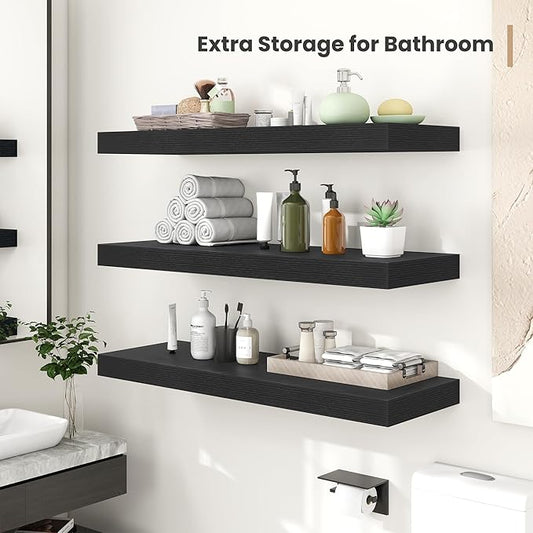 Heimlove 12 Inch Deep Floating Shelves, 16 x 12 inches Long Wall Shelf, Large Extra Display Shelf & Storage Shelf, Rustic Wood Wall Shelves for Fireplace Mantel, Black - 2Pack