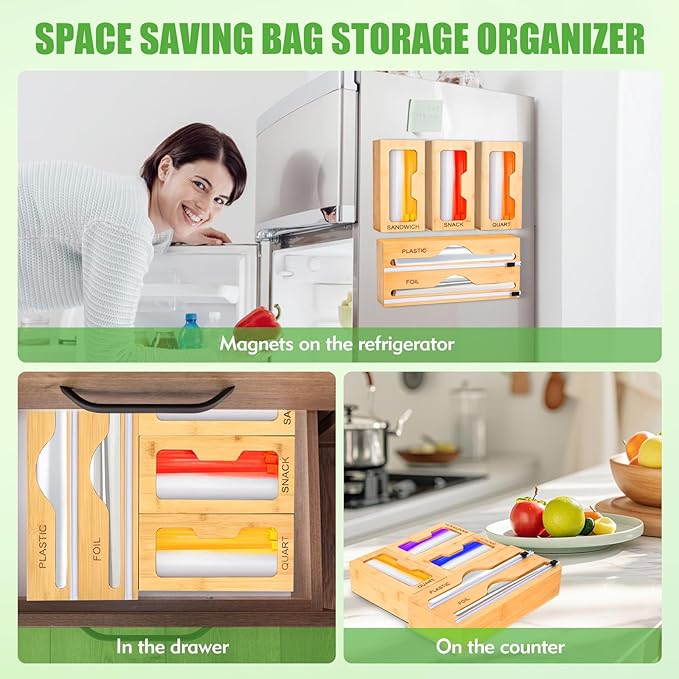 Magnetic Food Bag Organizer for Refrigerator or Drawer, Bamboo Foil and Plastic Wrap Organizer with Cutter, Kitchen Food Storage Bag Holder for Gallon, Quart, Snack, Sandwich, Size Baggie