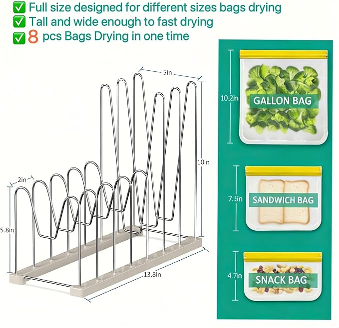 SHILFID Plastic Bag Drying Rack, Reusable Bag Drying Rack for Silicone Bag & Ziploc Bag, Bottle Dryer Rack for Gloves & Glasses, Pan Lid & Cutting Board Organizer