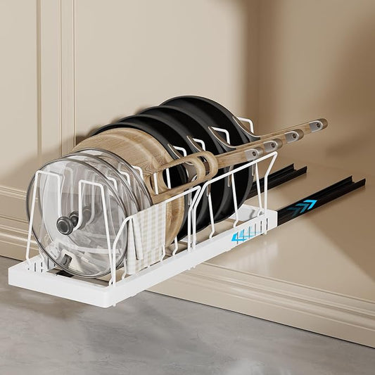 Magheo Pots and Pans Organizer Under Cabinet, 22" Deep Expandable Pull Out Pot Lid Organizer and Storage with 10 Adjustable Dividers No Drill Pot and Pan Holder Rack with Handle Bracket(1 Pack,White)