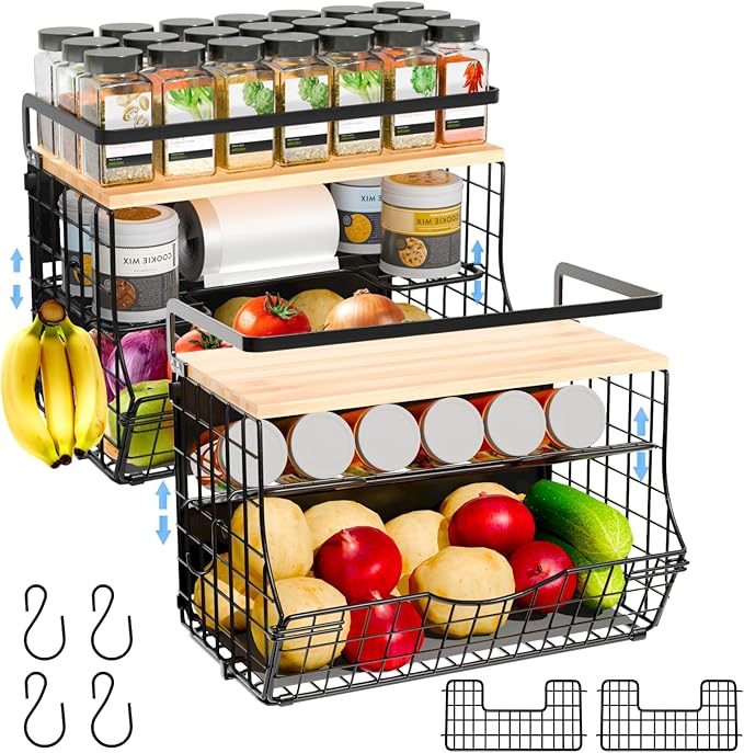 NRSVIAN Magnetic Shelf for Fridge with Wood Lid, Fruit Potato and Onion Storage Bins, Kitchen Large Container Magnetic Spice Rack for Refrigerator, Kitchen Counter, Tools, Snack (BLACK, 2 Pack)