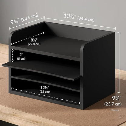 Ballucci File Organizer, 4-Tier Office Desk Organizer, Open Top Wood Paper Organizer for Classroom, Mail Sorter Paper Tray with Adjustable Storage Shelves, Black