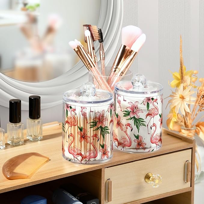 MNSRUU 4 Pack Qtip Holder Organizer Dispenser Pink Watercolor Flamingos Bathroom Containers Bathroom Vanity Storage Canister Apothecary Jars for Cotton Swabs/Pads/Floss
