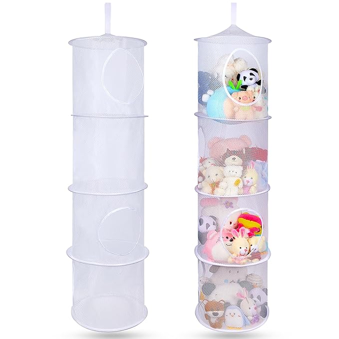 Basumee Stuffed Animals Net or Hammock 2 Pcs Stuffed Animals Storage Toy Net Hammock for Plushies Storage Organizer Mesh Kids Girls Room Decor, White, 4 Tiers