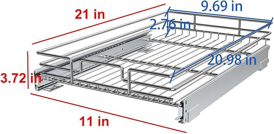 Pull Out Cabinet Organizer, Heavy-Duty Metal Sliding Drawer Shelf for Kitchen Cabinets, Chrome, Doesn't Include Door Fittings (11 * 21 IN)