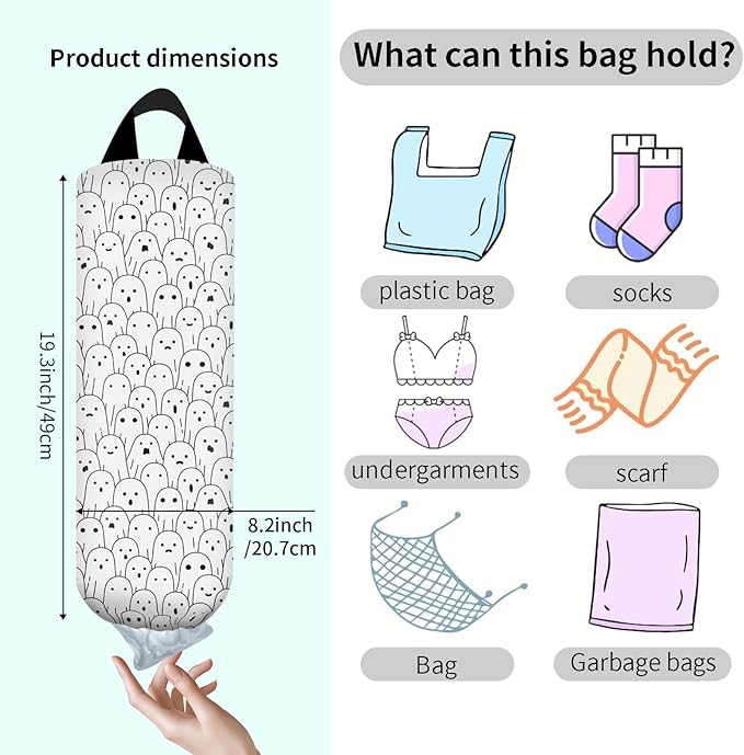 Plastic Bag Holder, Wall Mount Grocery Bag Organizer, Funny Hanging Trash Bag Storage Dispenser for Home Kitchen Cute White Ghost