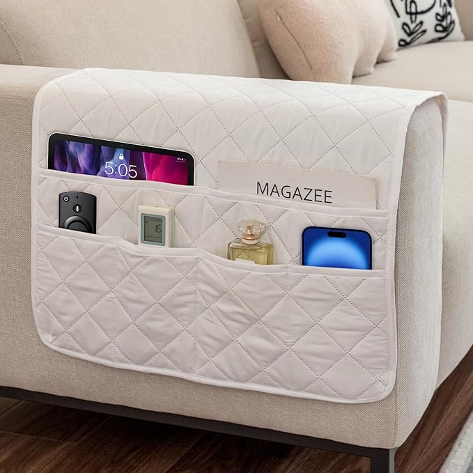 DECKALY Armchair Caddy Remote Control Holder Sofa Organizer, Non-Slip Couch Arm Chair Caddy with 6 Pockets for Tablets,Smart Phone,Books,Pens,Magazines,Ipad (Off-White)