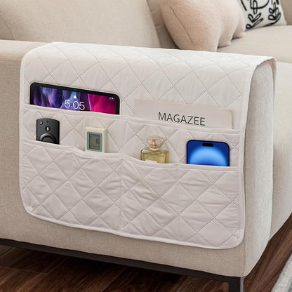 DECKALY Armchair Caddy Remote Control Holder Sofa Organizer, Non-Slip Couch Arm Chair Caddy with 6 Pockets for Tablets,Smart Phone,Books,Pens,Magazines,Ipad (Off-White)