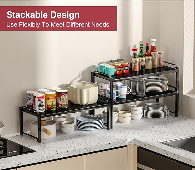 100 LBS Heavy Duty Kitchen Storage Shelf, 12 Inch Widened Cabinet Shelf Organizer For Dishes Spice Cups Small Appliances, Stackable Expandable Storage Shelves For Kitchen Cabinet Cupboard Pantry