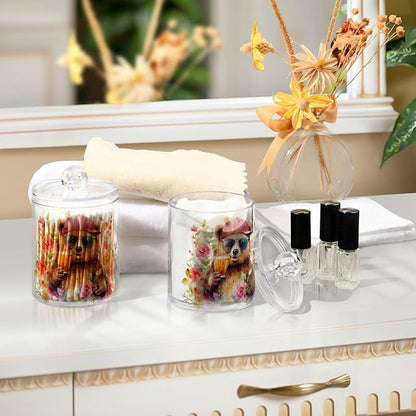 MNSRUU 2 Pack Qtip Holder Organizer Dispenser Animal Bears Pink Bathroom Storage Canister Cotton Ball Holder Bathroom Containers for Cotton Swabs/Pads/Floss