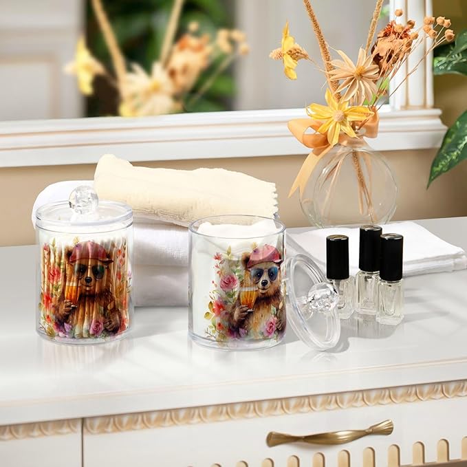 MNSRUU 4 Pack Qtip Holder Organizer Dispenser Animal Bears Pink Bathroom Storage Canister Cotton Ball Holder Bathroom Containers for Cotton Swabs/Pads/Floss