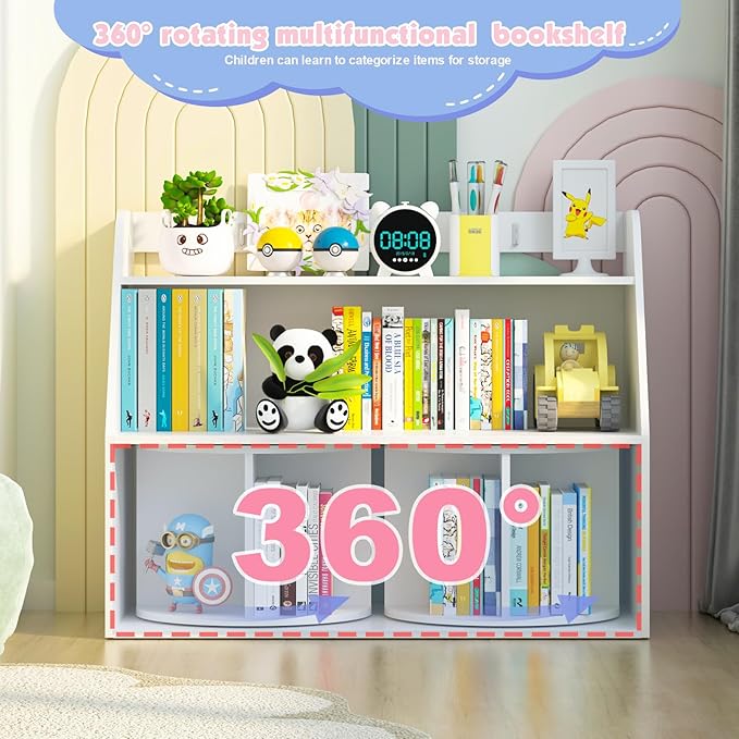 NACHES Wooden Kids Bookcase with 2 Rotating Shelves 3 Tier Children Bookshelf Toddler Toys Organizer Multi Functional Wood Storage Bookshelf for Kids Rooms Nursery, White