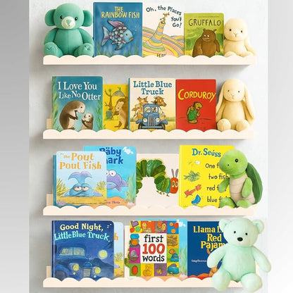 Scalloped Shelves - Set of 4 Pre-Assembled 24inch White Floating Nursery Book Shelves, Scalloped Book Shelf for Kids Rooms - Kids Wall Bookshelf, Nursery Decor, Floating Shelves