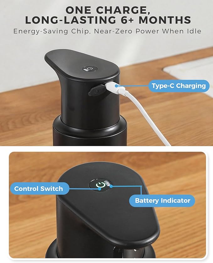 DODO MEKIA Automatic Liquid Soap Dispenser Touchless, 304 Stainless Steel Bottle Body &16.2oz/480ml Rechargeable, 3 Adjustable Liquid Levels, IPX7 Waterproof, for Kitchen Bathroom, Black