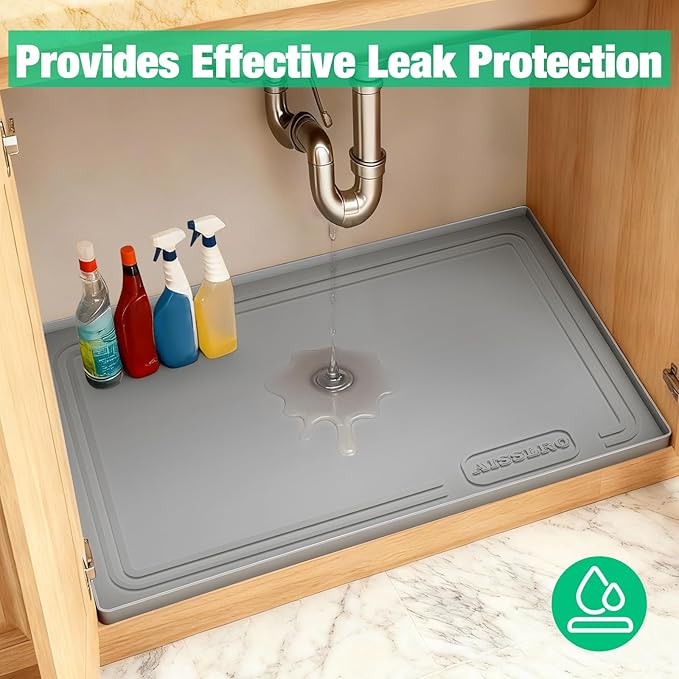 Aisslro Under Sink Mat 34" X 22", Waterproof Silicone Under Sink Mats for Kitchen, Anti-Leak Shelf Liner & Cabinet Protector with Raised Edge, [BPA Free] Bathroom Tray Home Organizer, Gray