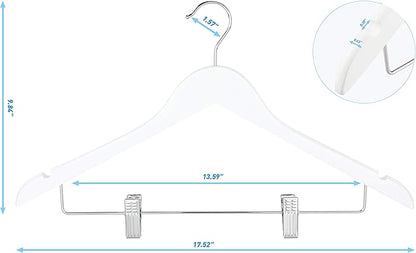 TOPIA HANGER Wooden Suit Hangers with Adjustable Metal Clips (10 Pack), Solid Smooth Wood Clothes Hangers, 360° Swivel Hook, Premium Pants Hangers for Clothes Coat, Jeans, Blouse-White,CT28W