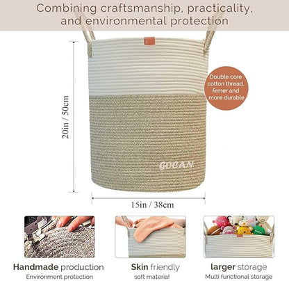 large tall sturdier Laundry Hamper Basket Woven Storage Baskets for clothes Pillows Blanket Toy in living or bed room decoration H50XD38cm borwn/beige