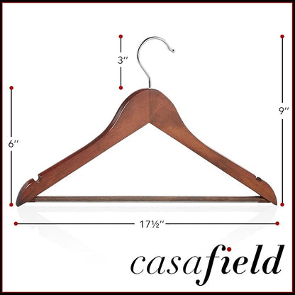 Casafield - 10 Walnut Wooden Suit Hangers - Premium Lotus Wood with Notches & Chrome Swivel Hook for Dress Clothes, Coats, Jackets, Pants, Shirts, Skirts